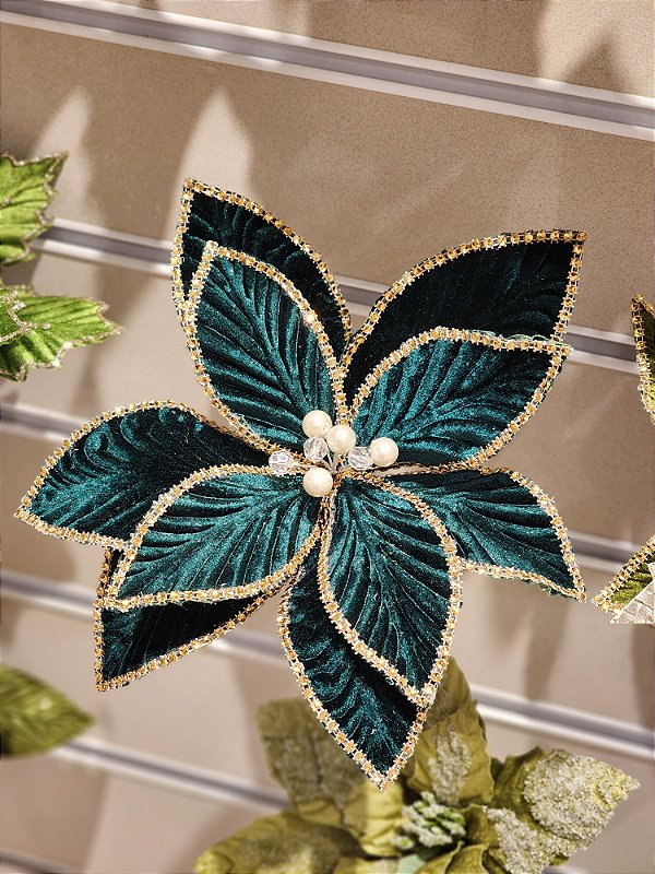 FLOR POINSETIA DECORATIVA VERDE E CHAMPANHE 20CM - PRÉ VENDA 2025