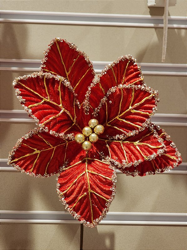 FLOR POINSETIA DECORATIVA VERMELHO E DOURADO 20CM - PRÉ VENDA 2025