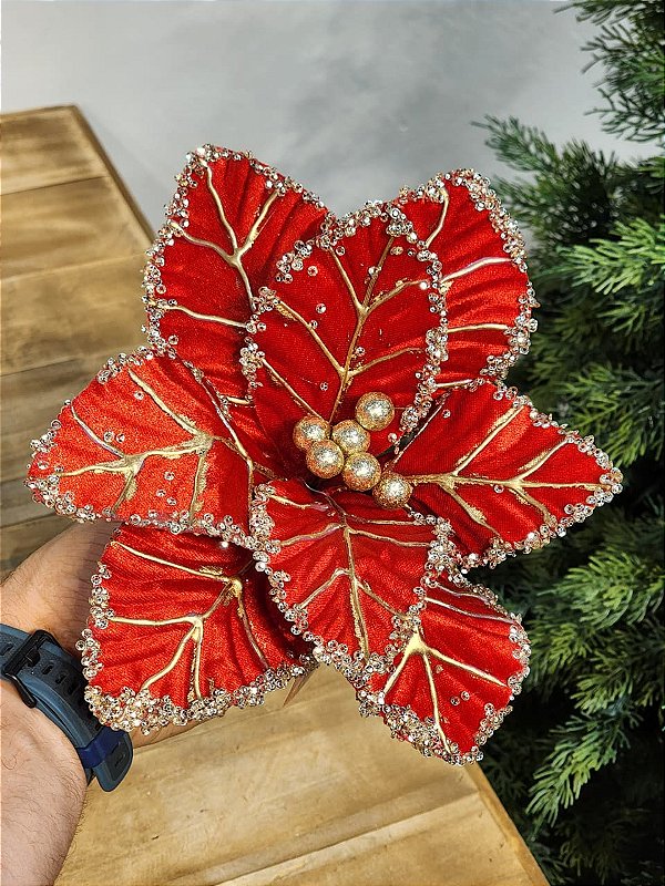 FLOR POINSETIA DECORATIVA VERMELHO E DOURADO 20CM