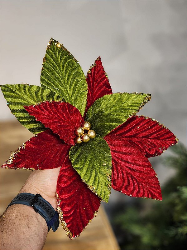 FLOR POINSETIA DECORATIVA VERMELHO E VERDE 20CM