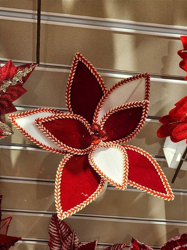 FLOR POINSETIA DECORATIVA VERMELHO E BRANCO 20CM - PRÉ VENDA 2025