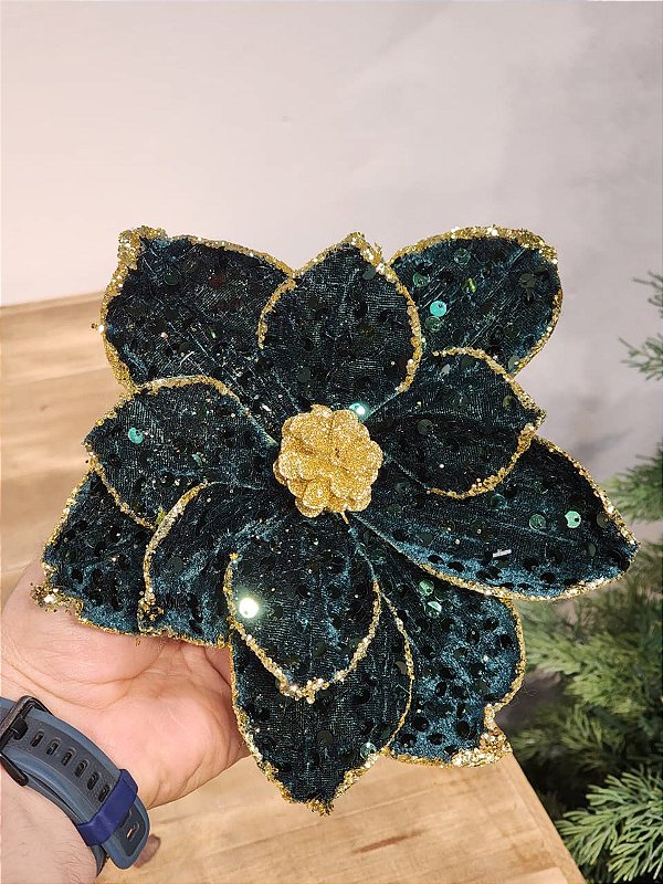 FLOR MAGNOLIA VELUDO VERDE COM GLITTER 20CM