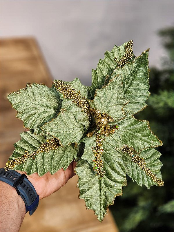 FLOR POINSETIA DECORATIVA VERDE E OURO 25CM