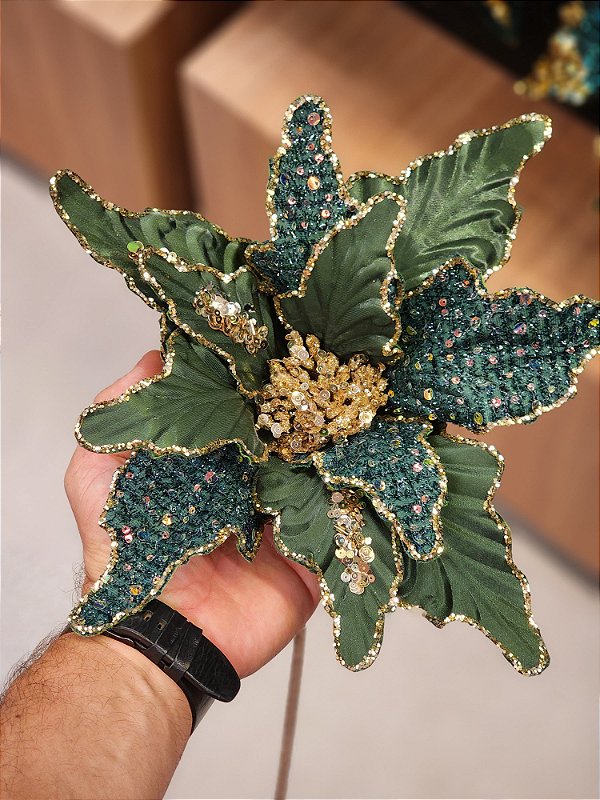 FLOR POINSETIA DECORATIVA VERDE E OURO 35CM