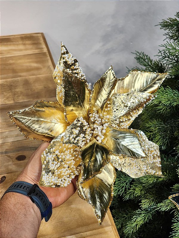 FLOR POINSETIA COM PEDRINHAS OURO 20CM