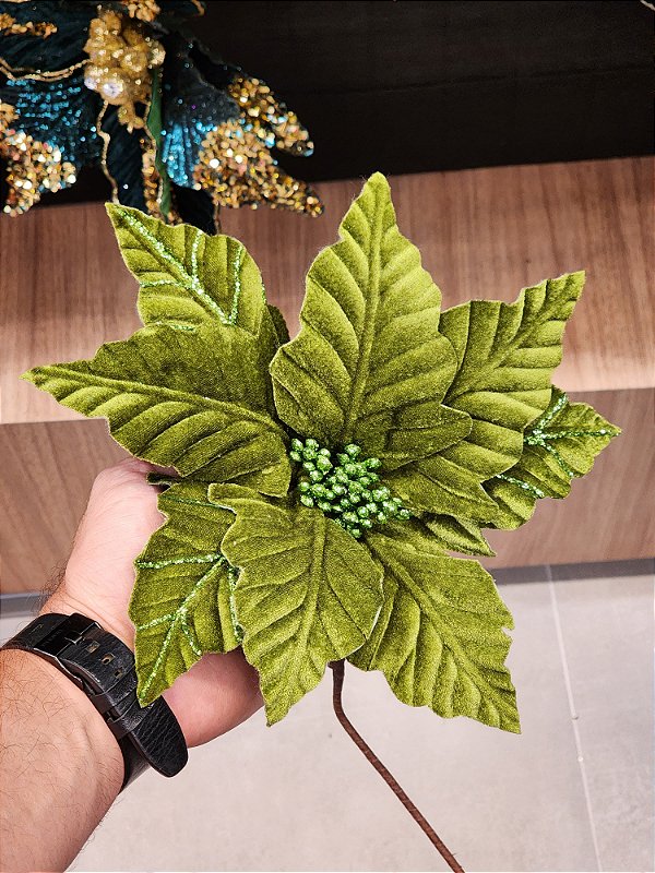 FLOR POINSETIA VELUDO VERDE 30CM - PRÉ VENDA 2025