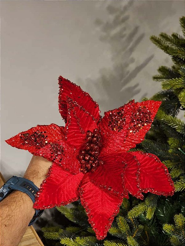 FLOR POINSETIA VELUDO VERMELHO 29CM