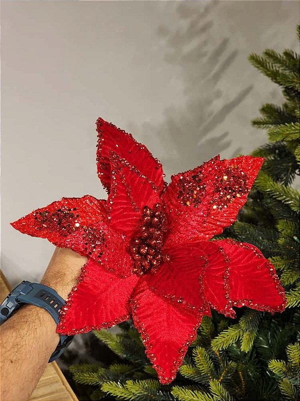 FLOR POINSETIA VELUDO VERMELHO 29CM