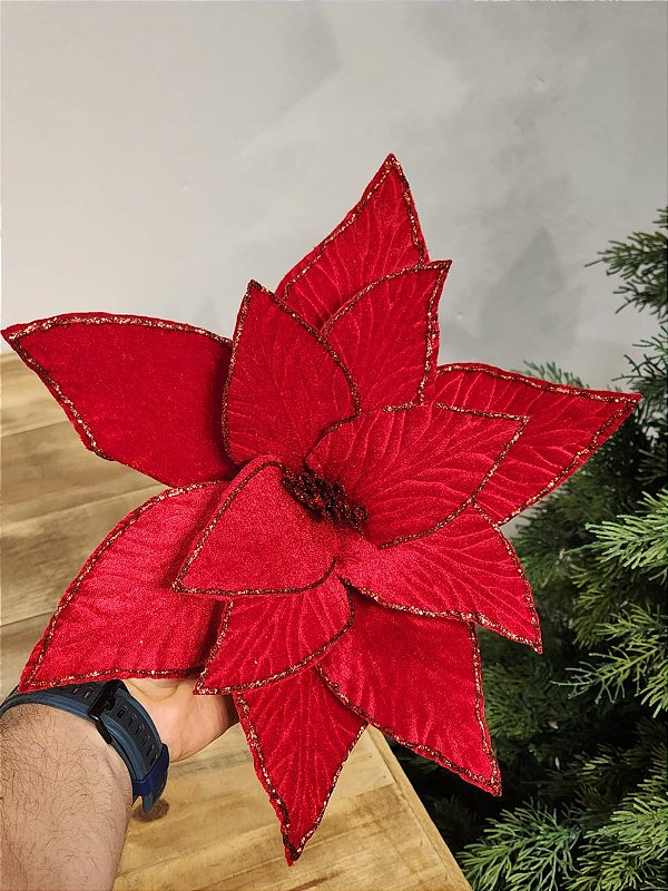 FLOR POINSETIA GLITTER VERMELHO 30CM