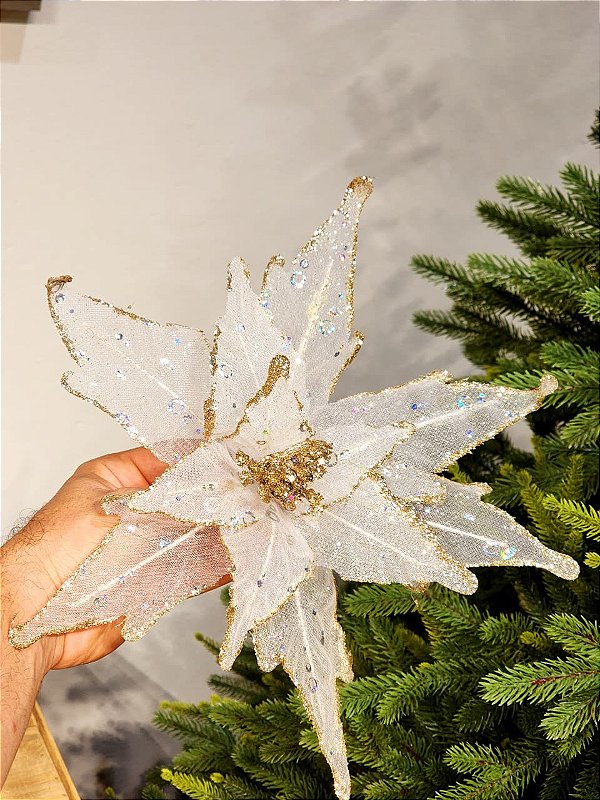 FLOR POINSETIA BRANCA COM GLITER OURO 30CM