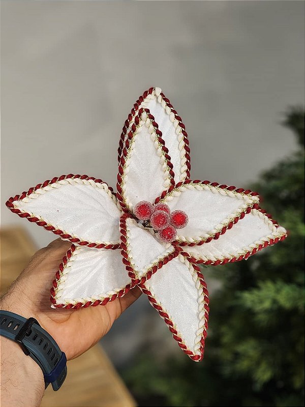 FLOR BICO DE PAPAGAIO AVELUDADO BRANCO E VERMELHO 26CM