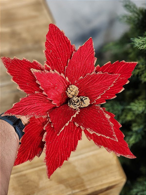 FLOR BICO DE PAPAGAIO COM PINHA VERMELHO AVELUDADO 24CM