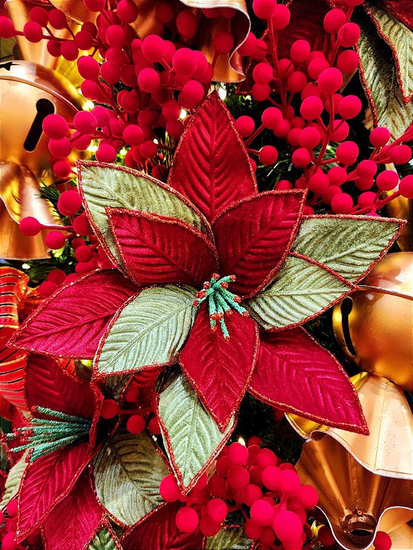 FLOR BICO DE PAPAGAIO VERDE E VERMELHO AVELUDADO COM GLITTER 32CM - PRÉ VENDA 2025
