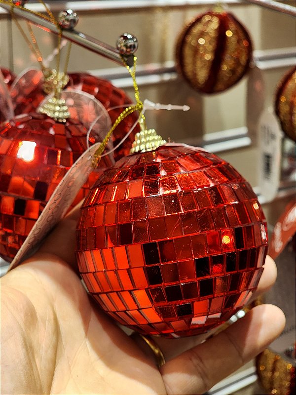 BOLA DECORADA ESPELHADA VERMELHA COM 4 UNIDADES DE 10CM - PRÉ VENDA 2025