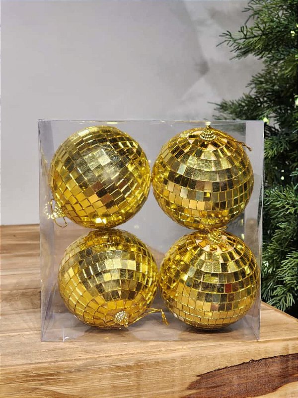 BOLA DECORADA ESPELHADA DOURADA COM 4 UNIDADES DE 10CM