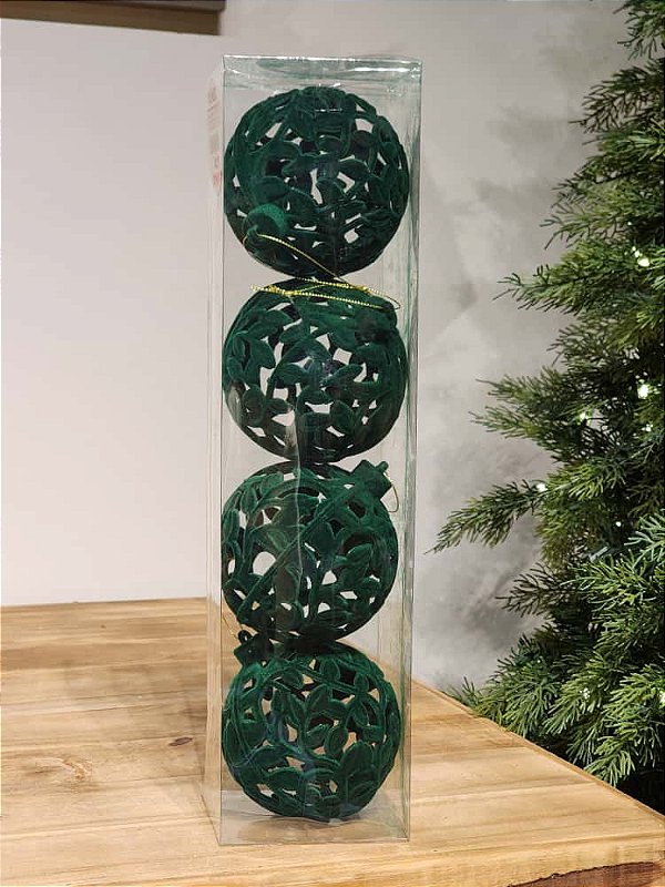 BOLA VELUDO VAZADA VERDE 10CM KIT COM 4 UNIDADES