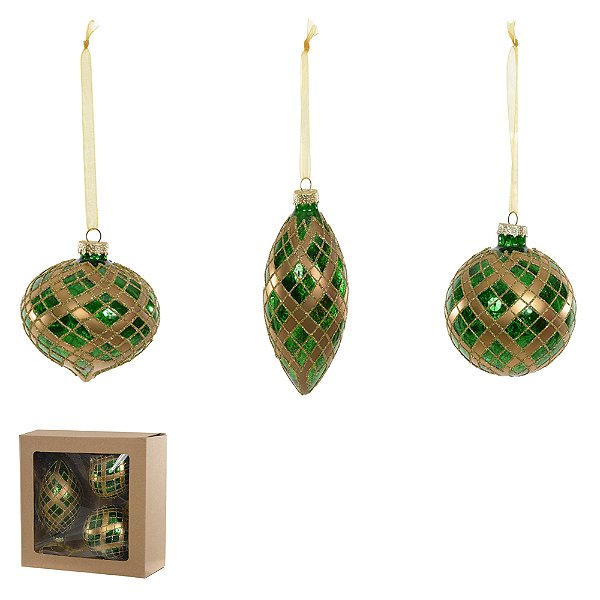 KIT COM 3 PENDENTES ORNAMENTOS DE VIDRO VERDE COM DOURADO 12CM- PRÉ VENDA 2025