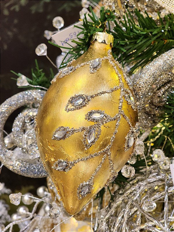 PENDENTE ORNAMENTO DE VIDRO SOPRADO PINO DOURADO 14CM - PRÉ VENDA 2025