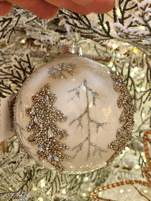 PENDENTE ORNAMENTO DE VIDRO SOPRADO BOLA BRANCA E PRATA 10CM - PRÉ VENDA 2025