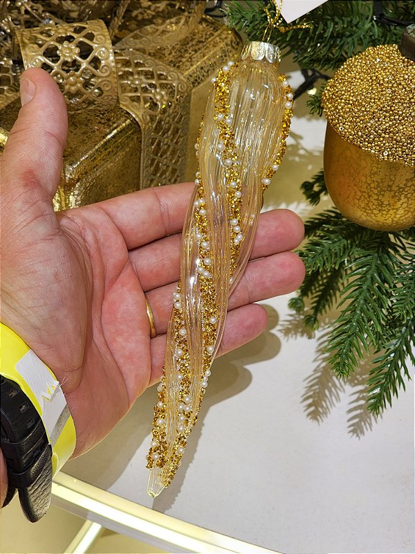 PENDENTE ORNAMENTO DE VIDRO SOPRADO DOURADO 19CM - PRÉ VENDA 2025