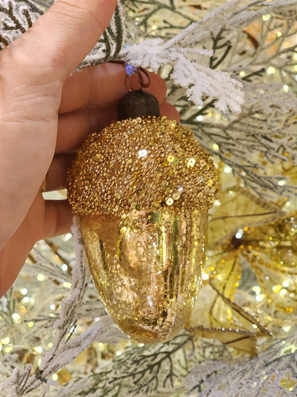 PENDENTE ORNAMENTO DE VIDRO SOPRADO NOZES DOURADA 11,5CM - PRÉ VENDA 2025