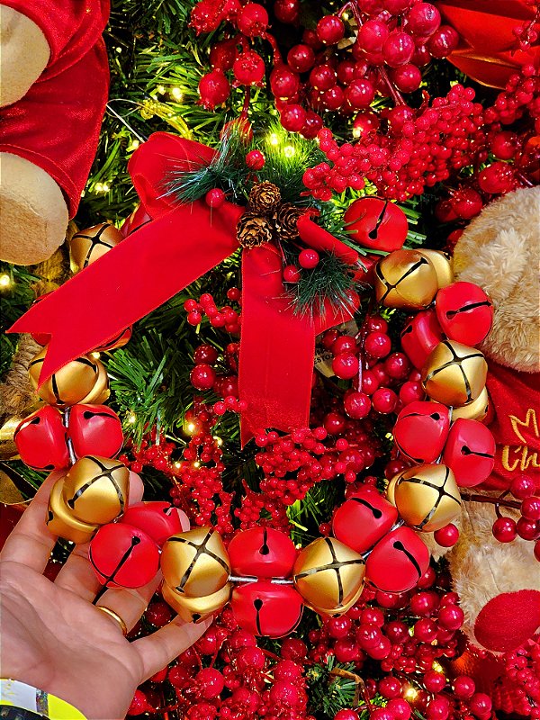 PENDENTE EM METAL GUIRLANDA DE GUIZOS DOURADO E VERMELHO 26CM - PRÉ VENDA 2025