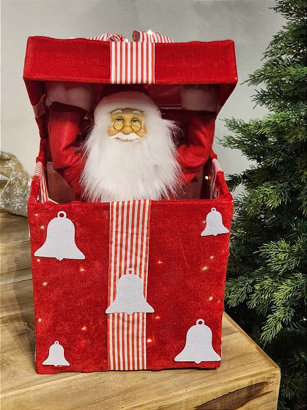 PAPAI NOEL SAINDO DA CAIXA DE PRESENTES COM MOVIMENTO E SOM VERMELHO E BRANCO 50CM - PRÉ VENDA 2025
