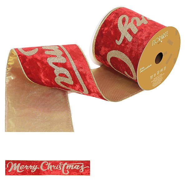 FITA ARAMADA MERRY CHRISTMAS VELUDO DUPLA FACE VERMELHA E DOURADA- PRÉ VENDA 2025