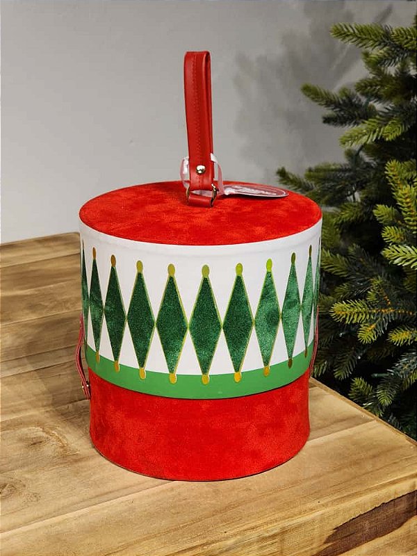 CAIXA ORGANIZADORA REDONDA NATALINA VERMELHA E VERDE 22CM