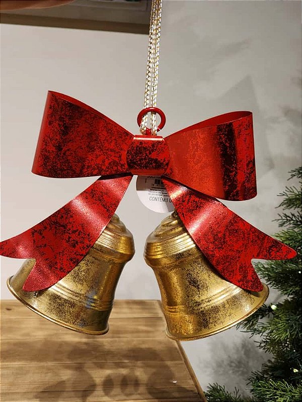 DUPLA DE SINO DECORATIVO EM METAL VERMELHO E OURO 32CM