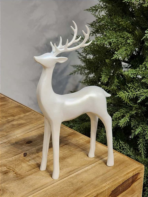 RENA EM PÉ EM RESINA BRANCA 42CM