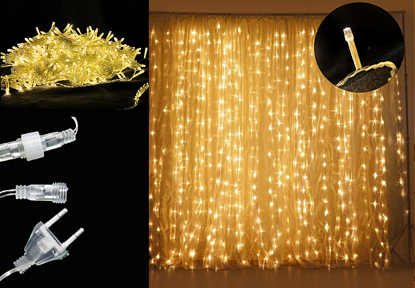 PISCA CORTINA 400 LEDS ESTROBO WARM 3X3 METROS USO INTERNO E EXTERNO 220V - PRÉ VENDA 2025
