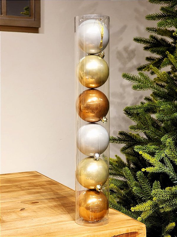 BOLA DECORADA PRATA E CHAMPANHE PEROLADA 8CM COM 6 UNIDADES