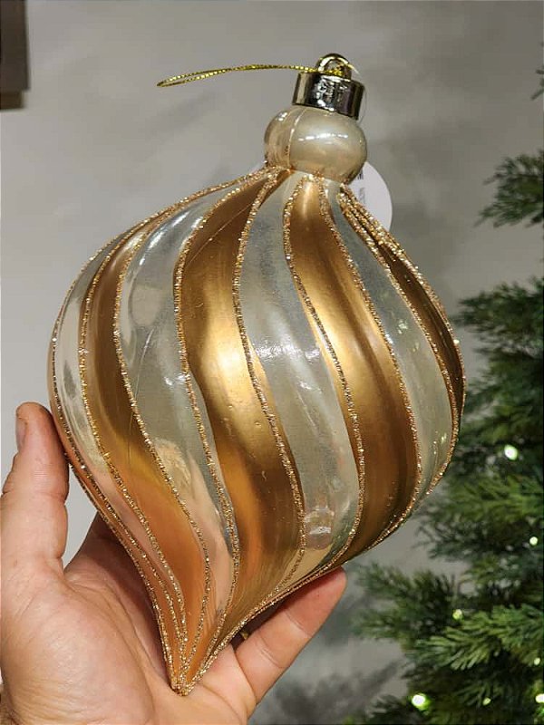 BOLA DECORADA OURO PINO ESPIRAL COM PEROLA 23CM COM 1 UNIDADE