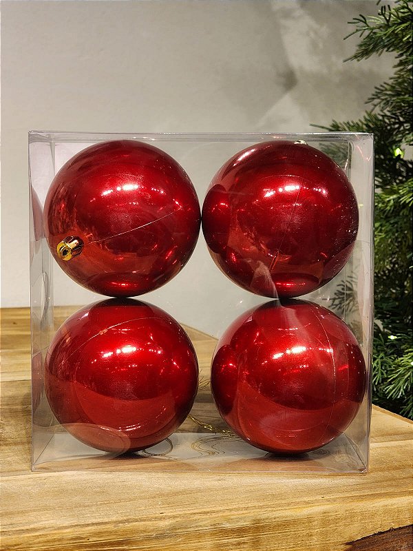BOLA BRILHO VERMELHA 10CM COM 4 UNIDADES