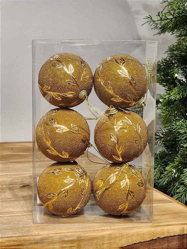 BOLA TRABALHADA COM FOLHAS OURO 8CM COM 6 UNIDADES