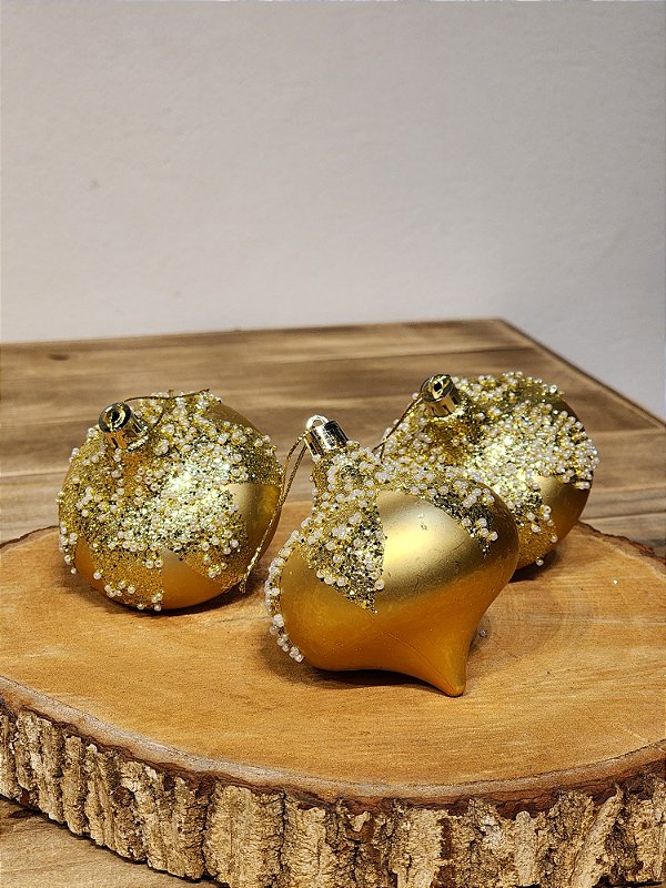 BOLA ORNAMENTO PIÃO DOURADO COM PEDRAS 8CM COM 3 UNIDADES