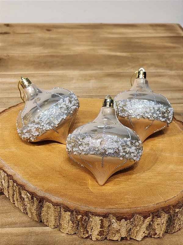 BOLA ORNAMENTO PIÃO CHAMPANHE COM PEDRAS 8CM COM 3 UNIDADES