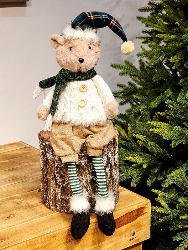 URSO COM CASACO TRICOT E GORRO XADREZ VERDE 70CM