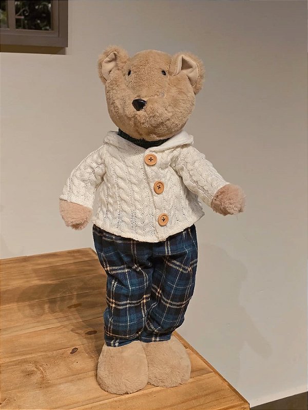 URSO COM CASACO TRICOT COM CALÇA XADREZ VERDE 55CM - LER ANÚNCIO