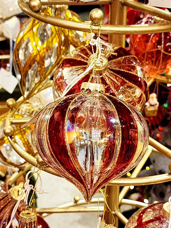 CONJUNTO DE PENDENTE ORNAMENTO DE VIDRO BOLA VERMELHA E TRANSPARENTE COM 2 UNIDADES 10CM - PRÉ VENDA 2025