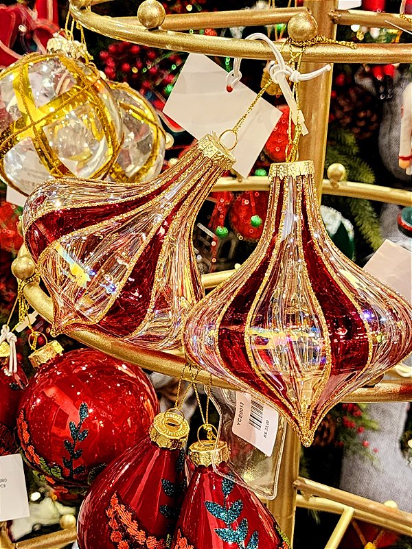 CONJUNTO DE PENDENTE ORNAMENTO DE VIDRO BOLA VERMELHA E TRANSPARENTE COM 2 UNIDADES 12CM - PRÉ VENDA 2025