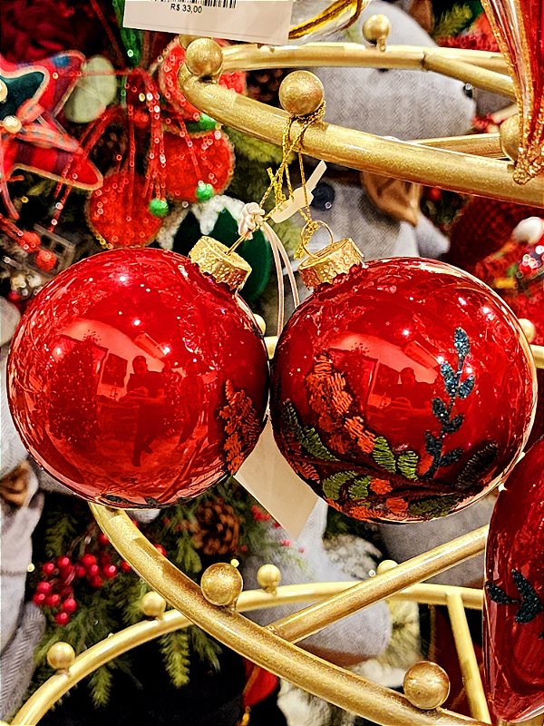 CONJUNTO DE PENDENTE ORNAMENTO DE VIDRO BOLA VERMELHA COM 2 UNIDADES 8CM - PRÉ VENDA 2025