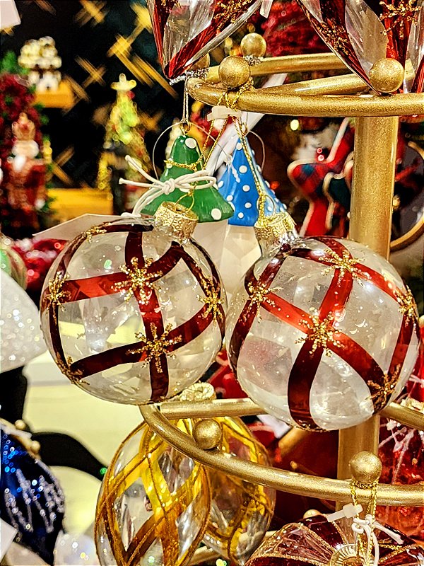 CONJUNTO DE PENDENTE ORNAMENTO DE VIDRO BOLA VERMELHA E TRANSPARENTE COM 2 UNIDADES 8CM - PRÉ VENDA 2025