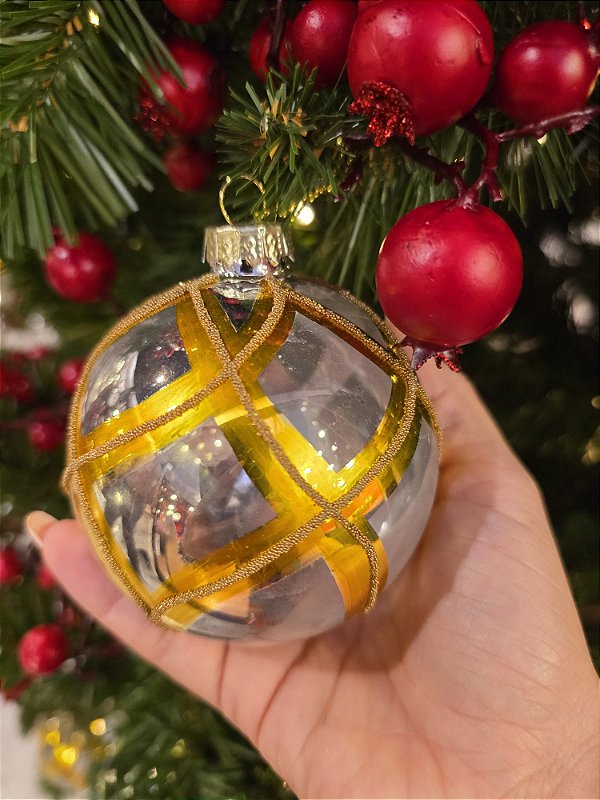 CONJUNTO DE PENDENTE ORNAMENTO DE VIDRO BOLA DOURADA E TRANSPARENTE COM 2 UNIDADES 8CM - PRÉ VENDA 2025