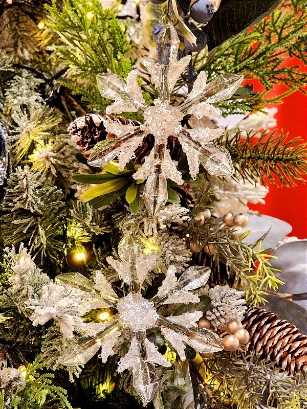 CONJUNTO DE PENDENTE ORNAMENTO DE VIDRO FLOCO DE NEVE TRANSPARENTE COM 2 UNIDADES 19CM - PRÉ VENDA 2025
