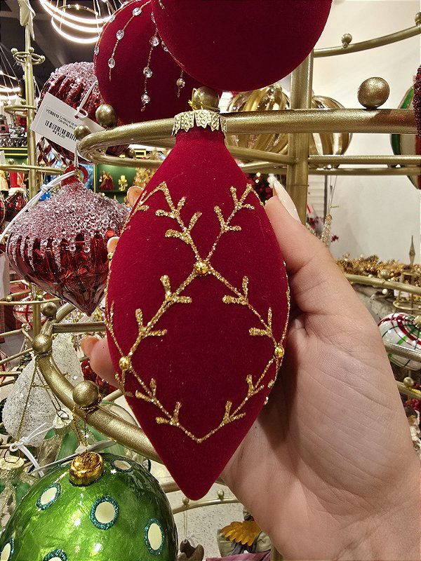 CONJUNTO DE PENDENTE ORNAMENTO DE VIDRO VERMELHO E DOURADO COM 2 UNIDADES 12CM - PRÉ VENDA 2025