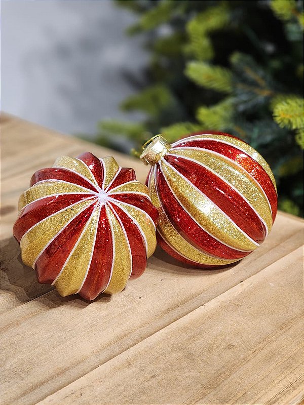 CONJUNTO DE PENDENTE ORNAMENTO DE VIDRO BOLA VERMELHO E DOURADO COM 2 UNIDADES 10CM