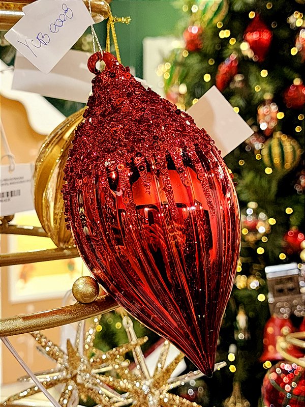 CONJUNTO PENDENTE ORNAMENTO DE VIDRO VERMELHO COM 2 UNIDADES 16CM - PRÉ VENDA 2025