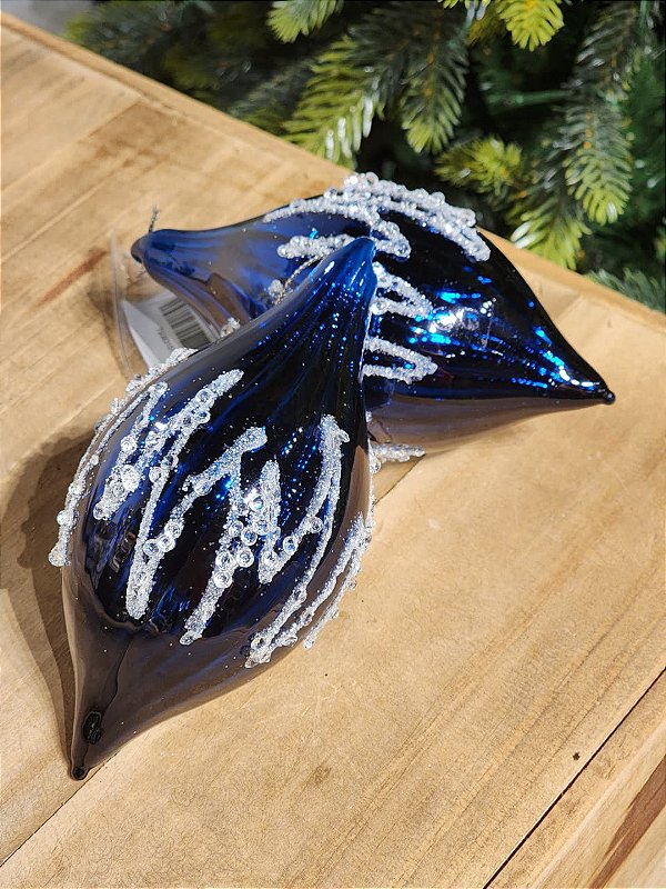 CONJUNTO PENDENTE ORNAMENTO DE VIDRO AZUL COM 2 UNIDADES 14CM